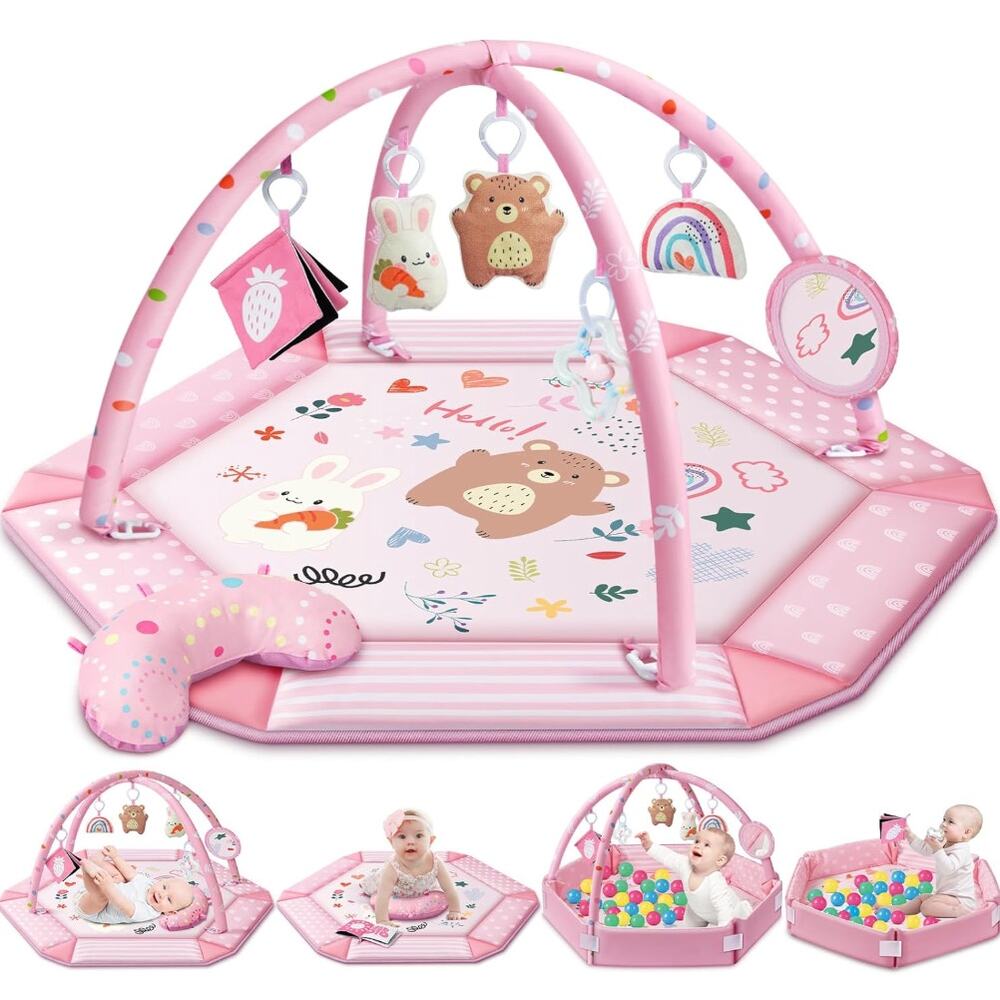 Baby Gym Play Mat, 8-in-1 Tummy Time Mat & Ball Pit with 6 Toys (0-18mos) - Pink